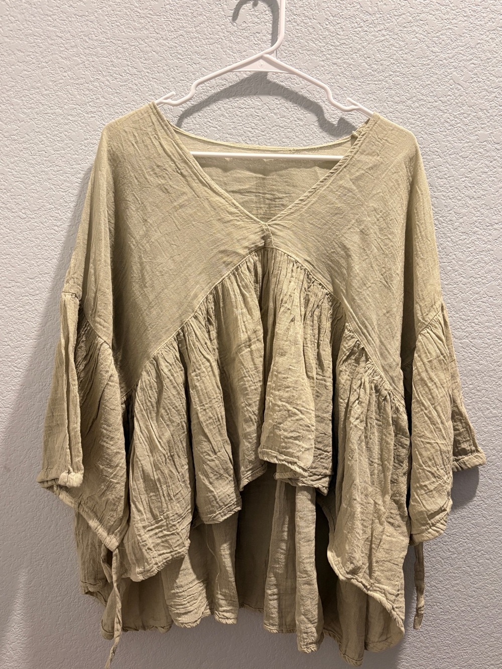 Boho V-Neck Ruffled Peasant Top in Light Olive
